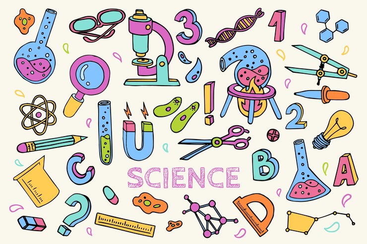Colorful hand-drawn science icons including flasks, a microscope, DNA, and the word "SCIENCE" prominently displayed in the center.