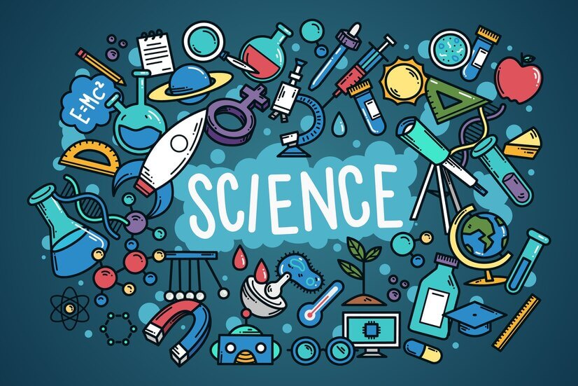 A colorful array of science-themed icons, including test tubes, planets, and microscopes, centered around the word "SCIENCE."