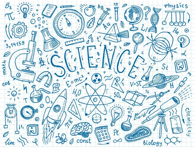 A hand-drawn collage of science-related doodles, featuring a microscope, rocket, formulae, and various scientific symbols, centered around the word "SCIENCE."
