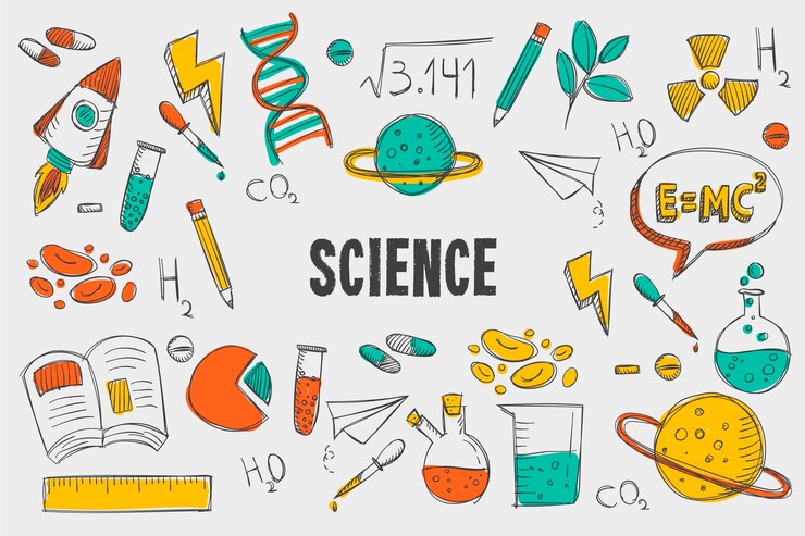 Colorful doodles representing various science concepts, including formulas, elements, rockets, and laboratory equipment, with "SCIENCE" prominently displayed.