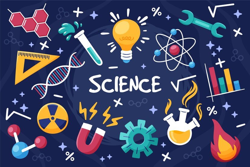 Colorful science-themed illustrations including beakers, atoms, a light bulb, and a ruler, surrounding the word "SCIENCE" on a dark background.