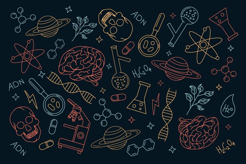 A colorful, doodle-style illustration featuring science symbols like atoms, test tubes, planets, and brains on a dark background.