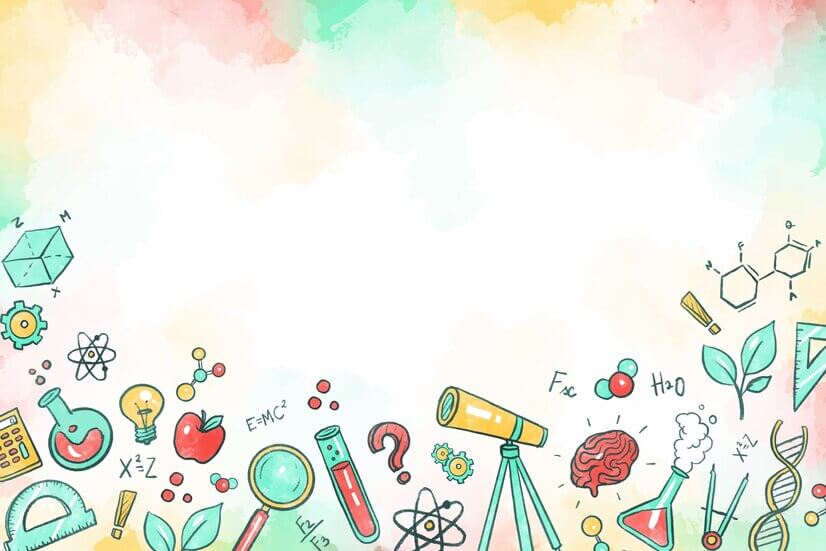 Colorful background pattern featuring the text "Fx CO H2O," "E=MC2," and "x-Z" integrated into a playful design, resembling child art style. The overall composition includes various shapes and vibrant colors, reflecting a creative and imaginative approach to graphic design.