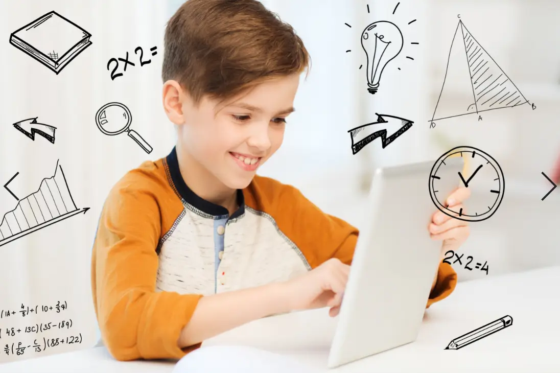 A child uses a tablet, surrounded by hand-drawn educational elements like math equations, charts, and a light bulb, suggesting learning.