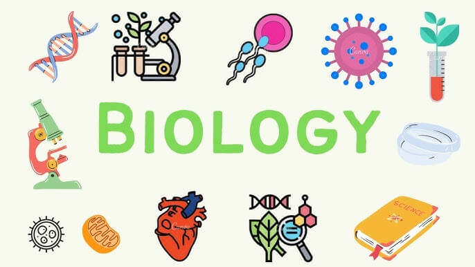 Colorful icons representing biology concepts surround the word "BIOLOGY," featuring DNA, microscopes, cells, and plants.