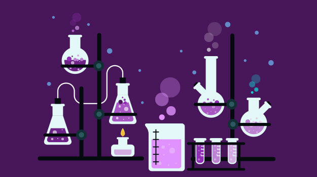 Colorful science lab setup featuring various beakers and flasks with purple liquids and bubbles against a dark purple background.