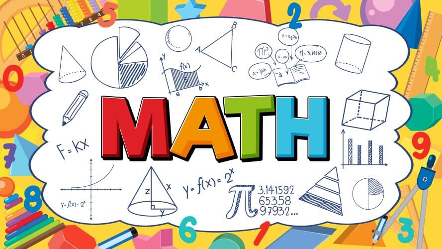 Colorful illustration featuring the word "MATH" surrounded by various mathematical symbols, shapes, and tools.
