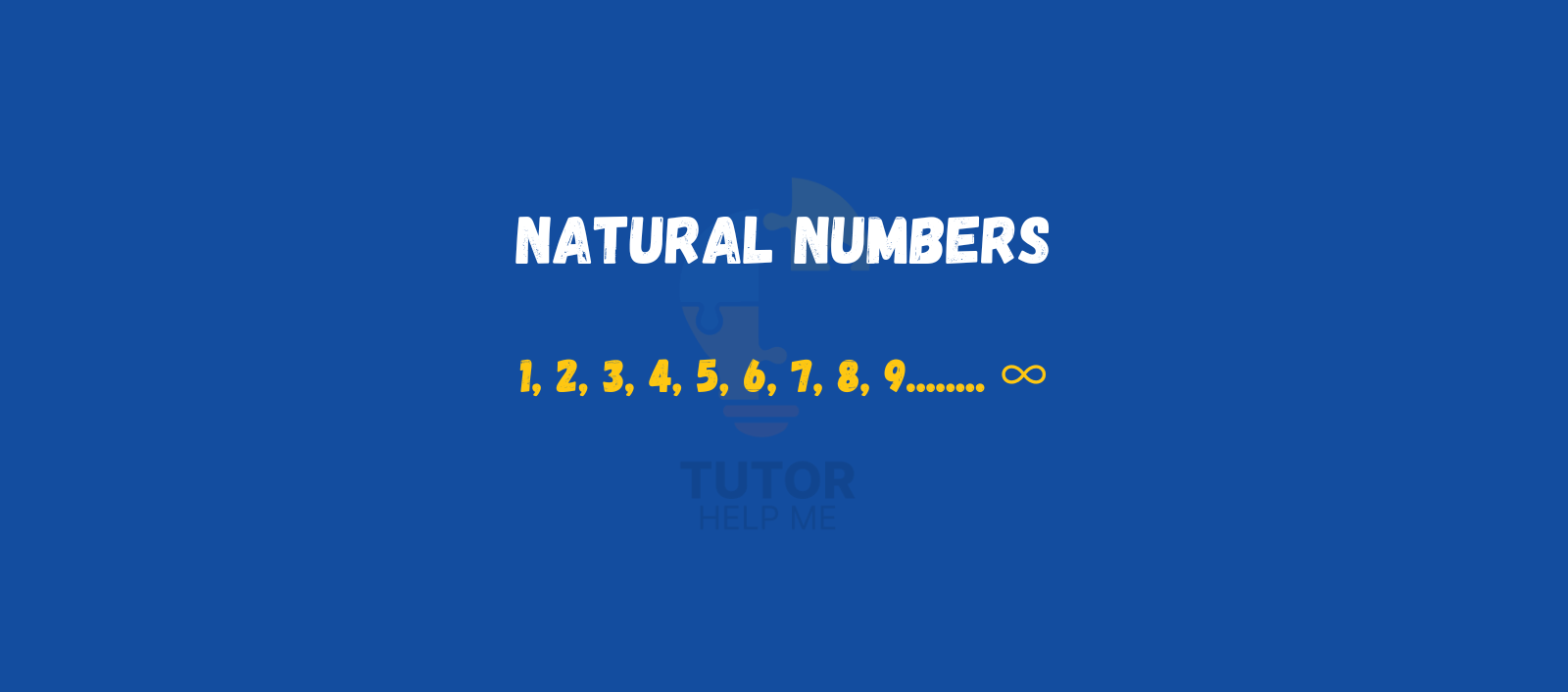 Text on a blue background explaining natural numbers: "Natural Numbers 1, 2, 3, 4, 5, 6, 7, 8, 9, ... ∞" with "TUTOR HELP ME" logo below.