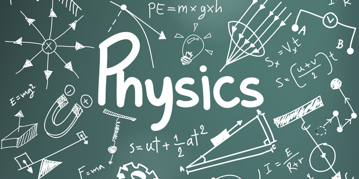 Chalkboard illustration showcasing physics concepts, featuring formulas, vectors, and diagrams around the word "Physics" in bold.