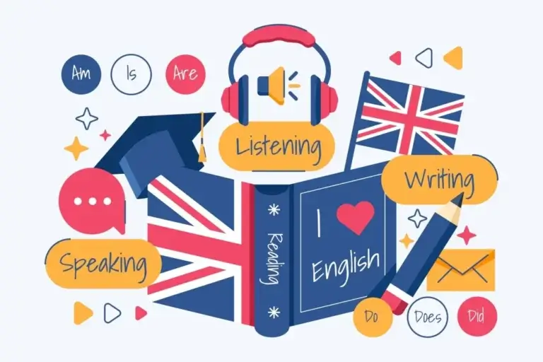Illustration of studying English with a book, British flags, headphones, and icons representing listening, speaking, and writing skills.