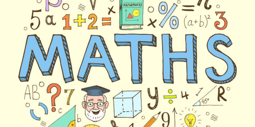 A colorful illustration featuring the word "MATHS" surrounded by various mathematical symbols, equations, and a math book.