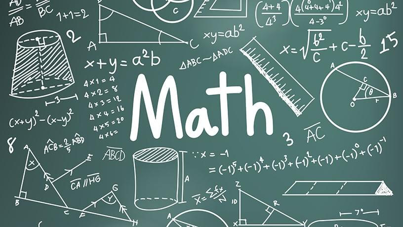Chalkboard filled with various math equations, shapes, and formulas, featuring the word "Math" prominently in the center.