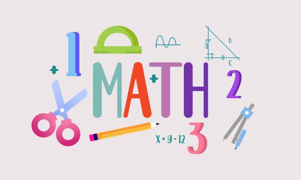 Colorful graphic featuring the word "MATH" surrounded by tools and symbols like a ruler, compass, scissors, and equations.