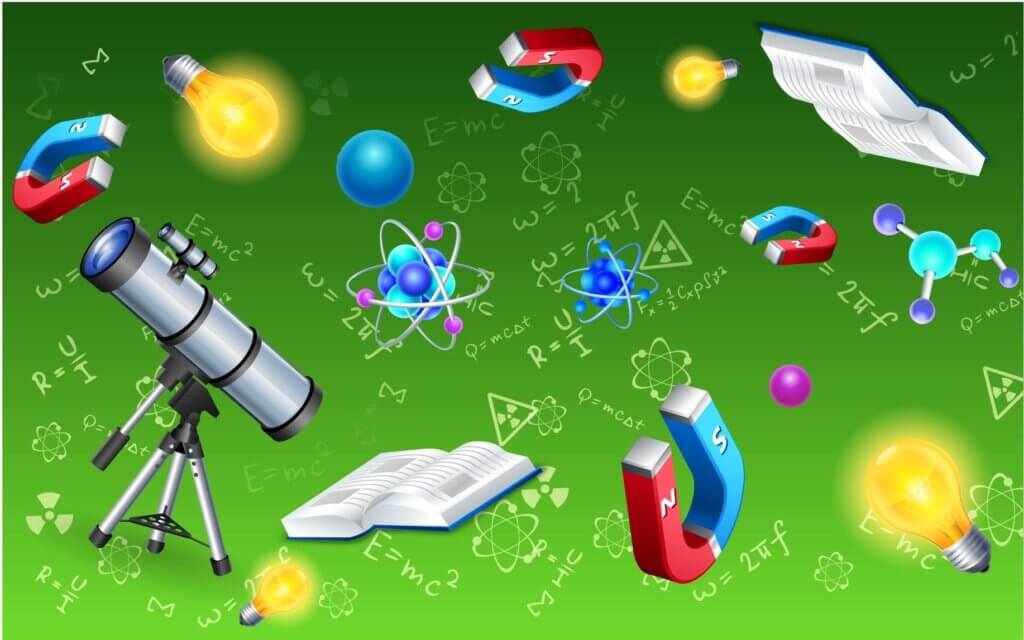 An educational graphic featuring a telescope, magnets, atoms, lightbulbs, and open books on a green background with scientific equations.