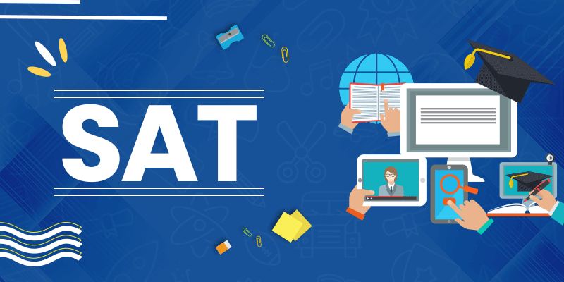 Graphic featuring the word "SAT" surrounded by educational icons, including books, a globe, and digital learning elements.