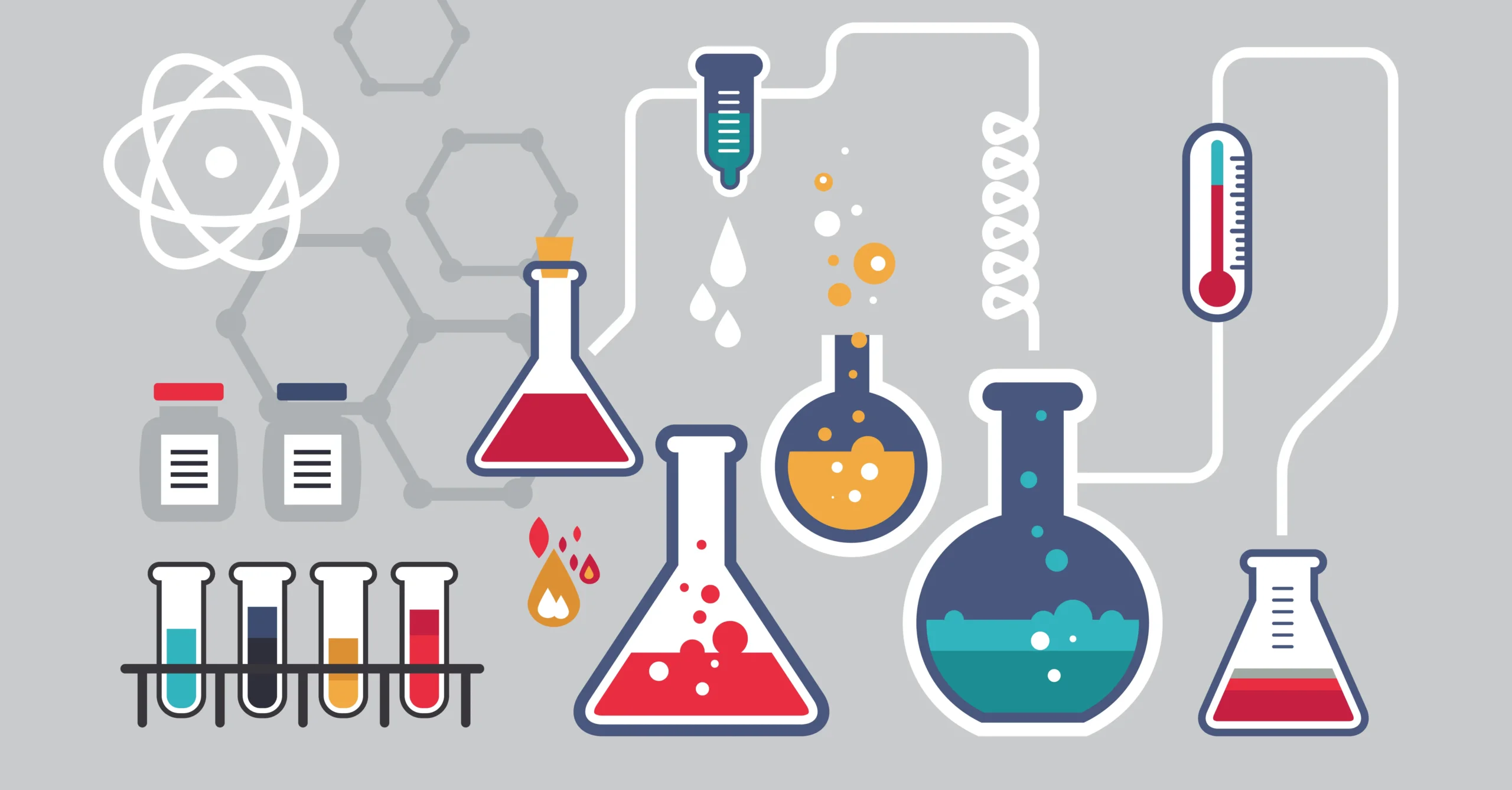 Colorful lab equipment like flasks and test tubes with bubbling liquids, surrounded by scientific icons, on a gray background.