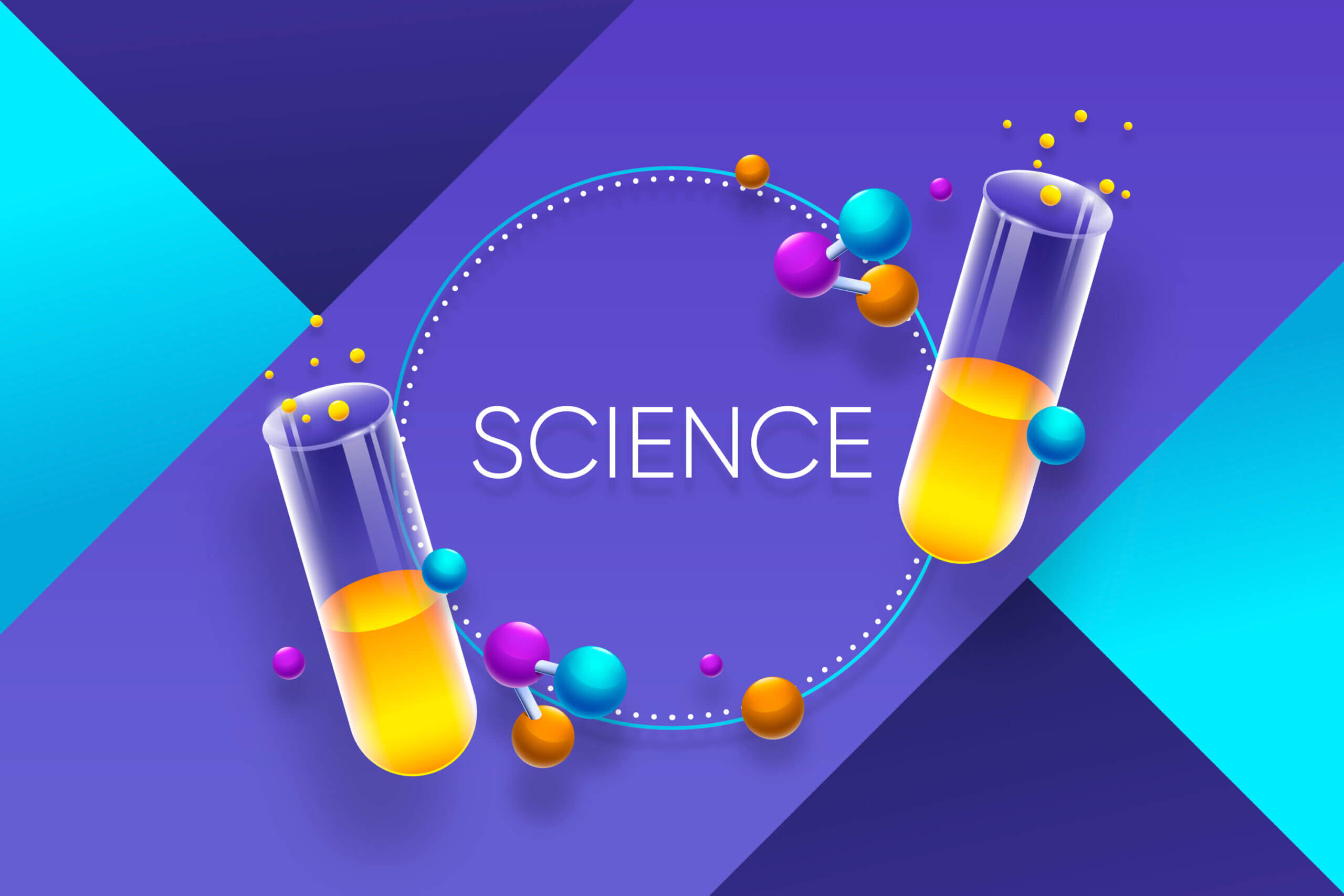 Two test tubes with yellow liquid and colorful molecular structures, featuring the word "SCIENCE" prominently in the center on a vibrant background.