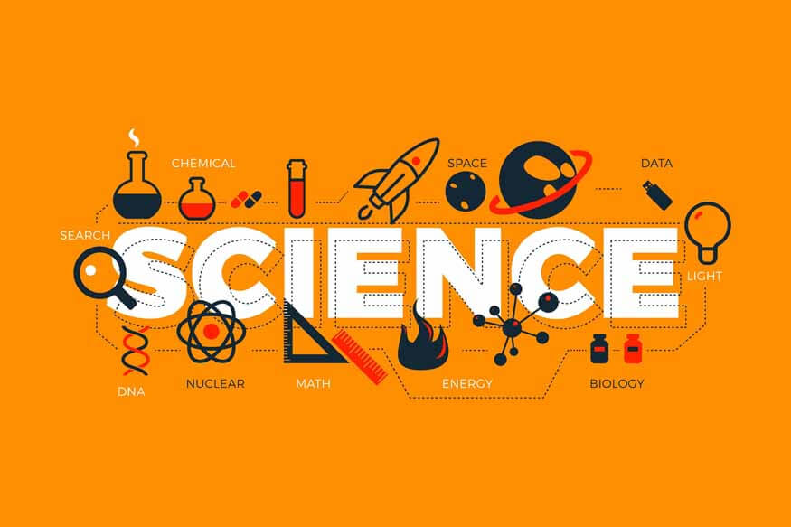 Colorful illustration featuring the word "SCIENCE" surrounded by various science-related icons and symbols on an orange background.