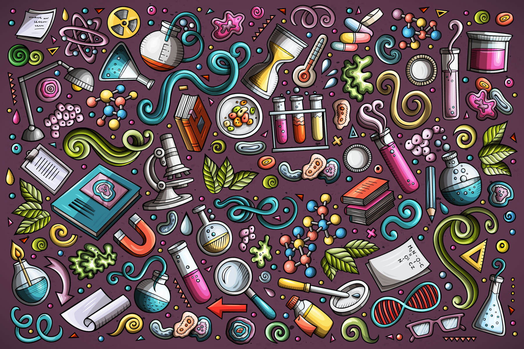Colorful, whimsical illustration of scientific tools and elements, including test tubes, microscopes, molecules, and lab equipment on a purple background.