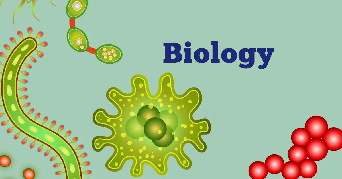Colorful cartoon-style microorganisms with the bold text "Biology" on a light green background. Illustrates biological concepts.