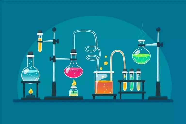 A colorful array of laboratory glassware with bubbling liquids, flames, and smoke against a teal background.