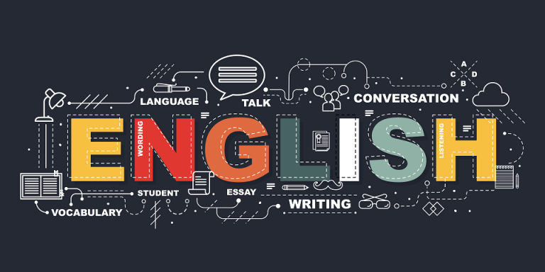 Graphic illustrating the word "ENGLISH" with related terms like vocabulary, writing, and conversation, on a dark background.