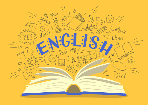 An open book with the An open book with the word "ENGLISH" prominently displayed, surrounded by doodles of language concepts and questions."ENGLISH" prominently displayed, surrounded by doodles of language concepts and questions.