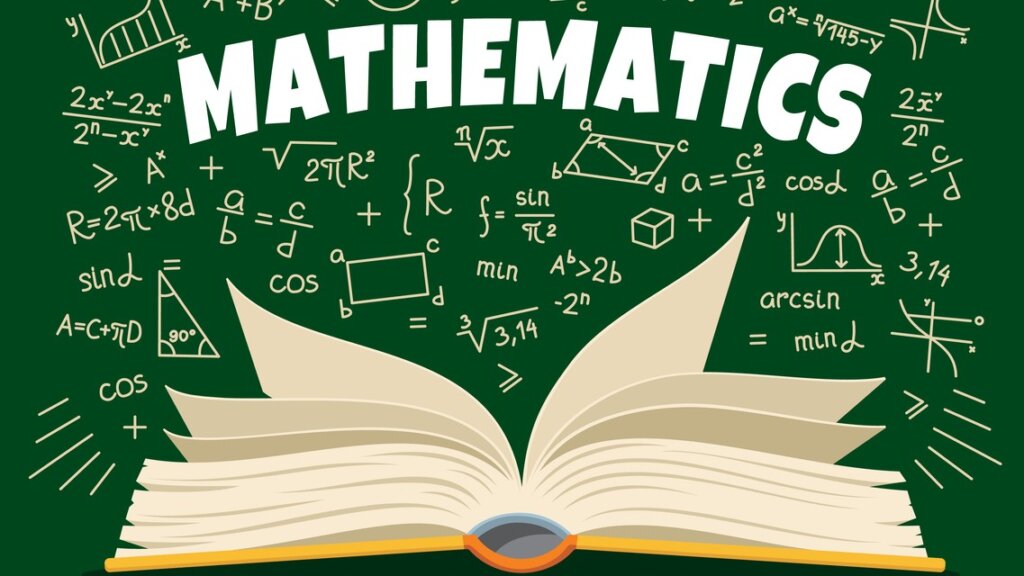 An open book surrounded by various mathematical symbols and equations on a dark green background with the word "MATHEMATICS" prominently displayed.