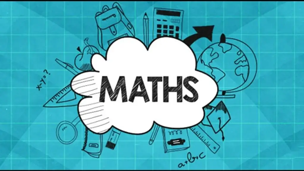 A blue background featuring various math-related items, with the word "MATHS" in a prominent cloud at the center.