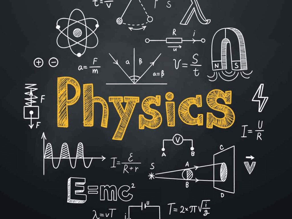 A chalkboard filled with physics equations and diagrams, prominently featuring the word "Physics" in bold yellow letters.