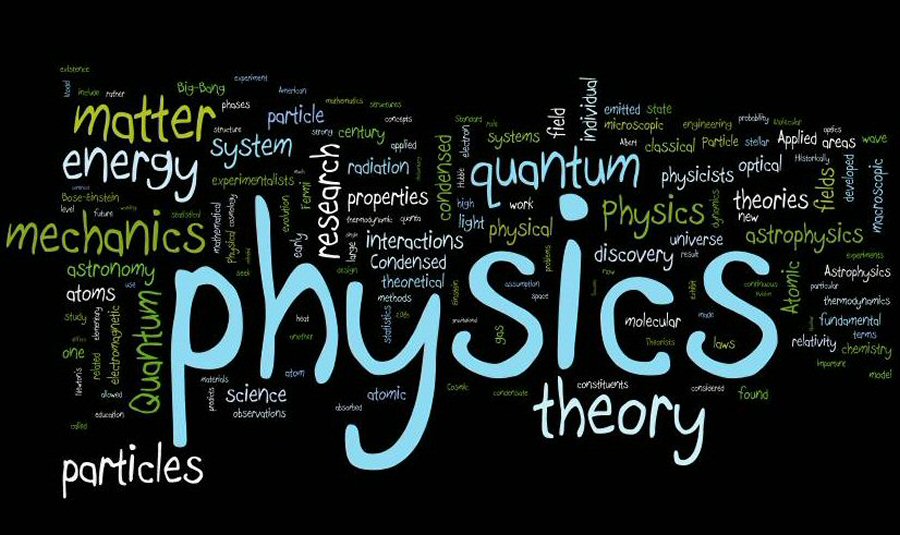 A colorful word cloud featuring key terms related to physics, including "matter," "energy," "quantum," and "theory," against a black background.