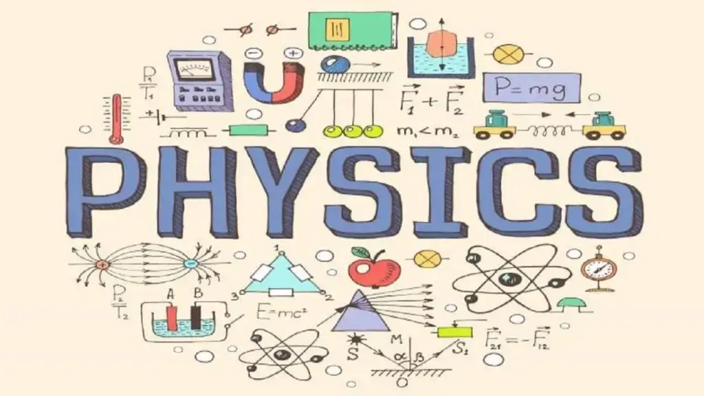 Colorful illustrations of physics concepts surround the bold word "PHYSICS," featuring symbols, formulas, and diagrams related to the subject.