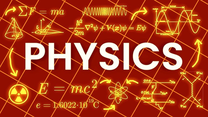 A bold "PHYSICS" title surrounded by various equations and diagrams representing fundamental concepts in physics on a vibrant red background.