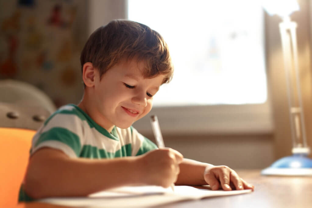 Little boy write into exercise book, smile, education