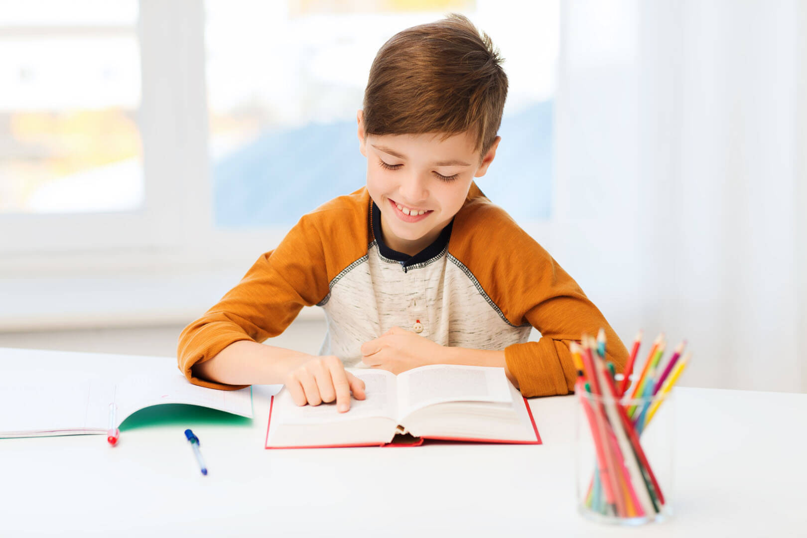 A child in a brown and gray shirt reading a book at a table, surrounded by colorful pencils in a jar and notebooks.