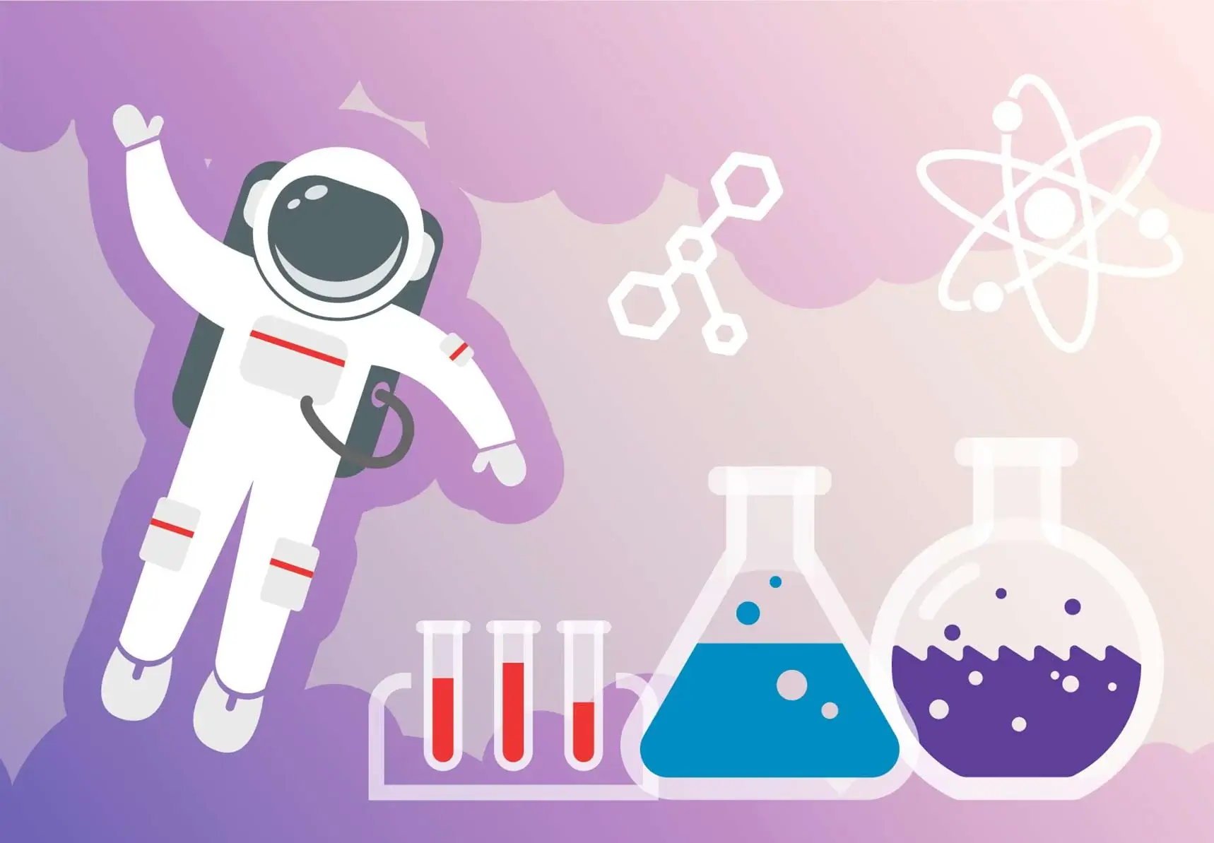 An astronaut waves among a cosmic backdrop with science symbols and colorful laboratory flasks filled with liquids.