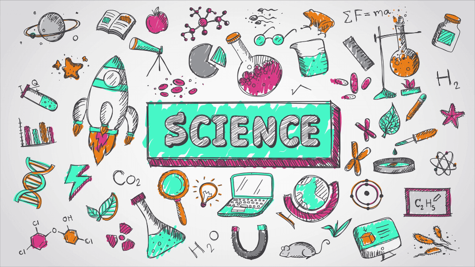 Colorful doodles representing various science themes, including rockets, test tubes, DNA, and equations, surrounding the word "SCIENCE."