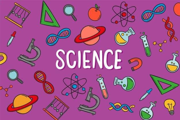 A vibrant purple background featuring various science symbols like planets, flasks, DNA strands, and the word "SCIENCE" in bold white letters.