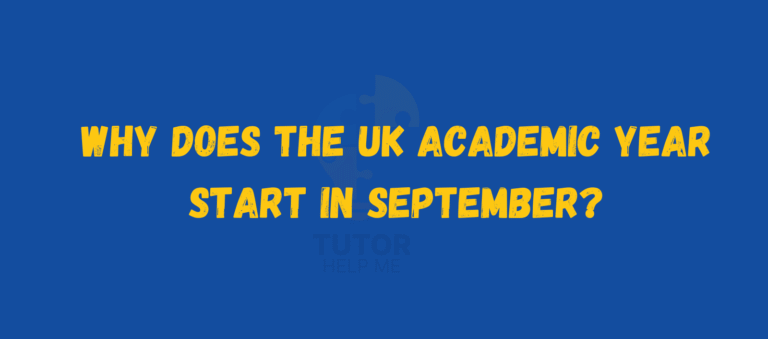 Text on a blue background: "Why does the UK academic year start in September?" with a subtle puzzle piece logo in the background.