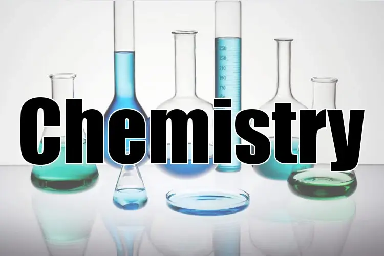 Various glass laboratory containers filled with colorful liquids, with the word "Chemistry" prominently featured in bold text.