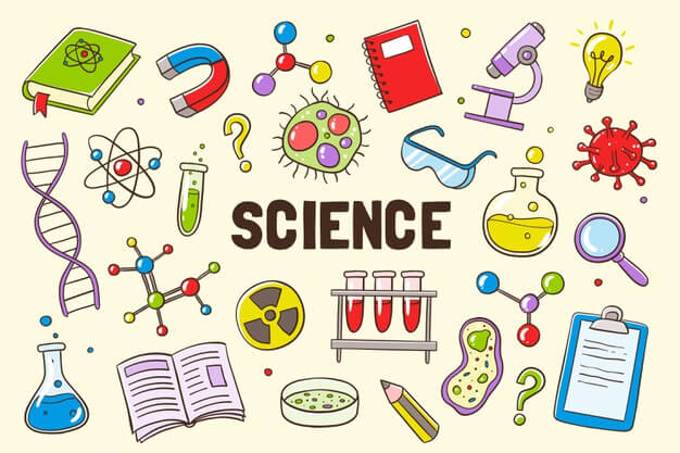 A colorful collage of science-themed icons, including flasks, atoms, books, a microscope, and the word "SCIENCE" in bold.