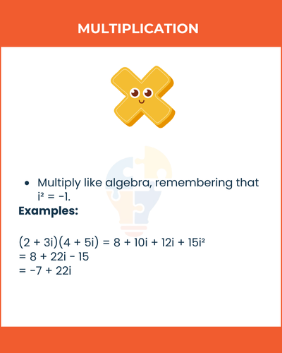 Colorful educational graphic on multiplication of complex numbers, featuring cheerful math symbols and example calculations.