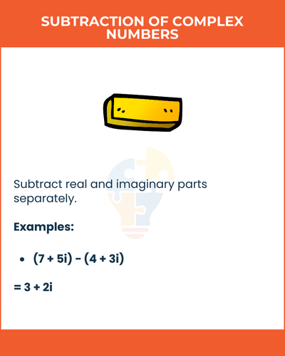 Image explaining the subtraction of complex numbers, with examples illustrating the process and a summary note on separating parts.