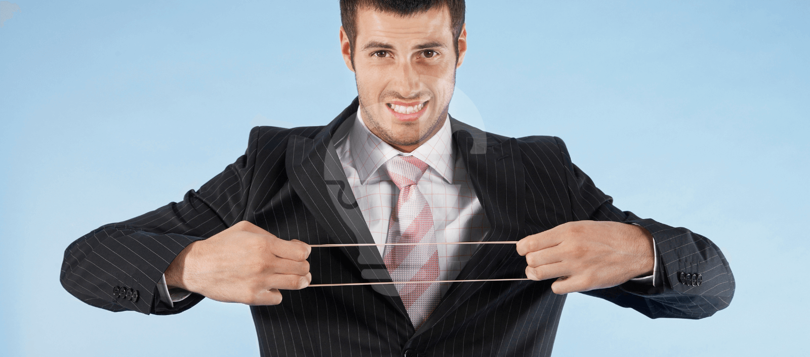 A man in a pinstripe suit pulls a rubber band from his jacket, set against a blue background.