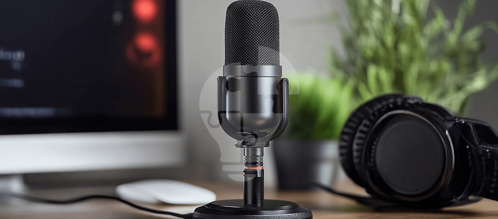 A black microphone on a desk, with large headphones beside it. A blurred computer screen and potted plant are in the background, creating a studio feel.