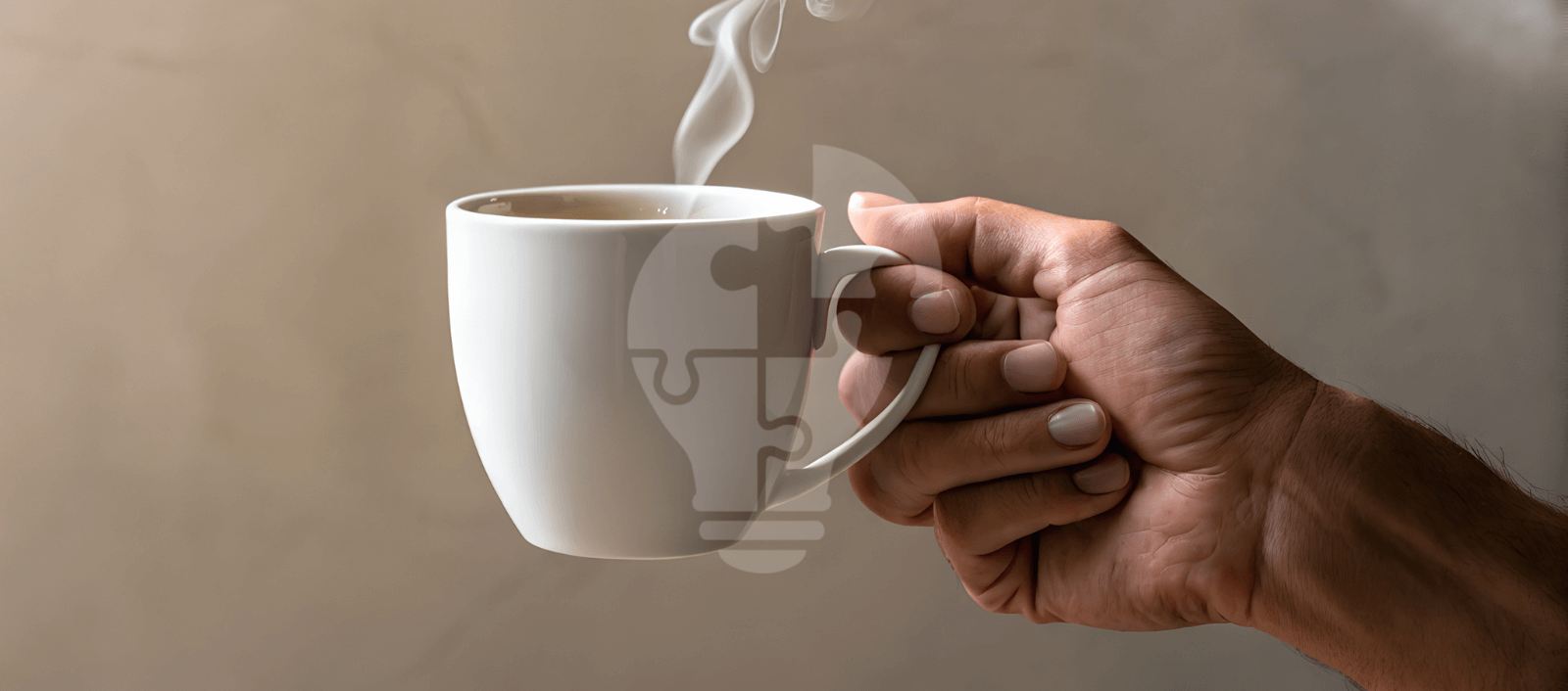 A hand holds a steaming white coffee mug against a neutral background. The steam slightly curves upward, creating a warm, inviting atmosphere.