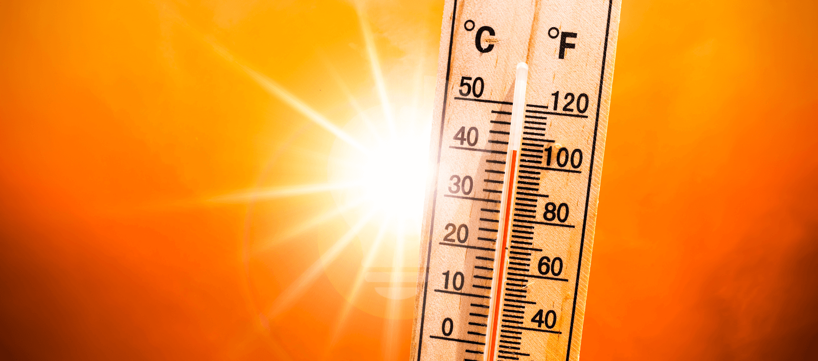 A thermometer shows high temperatures in Celsius and Fahrenheit against a bright, sunny background. The intense sun and vibrant orange tones convey heat.