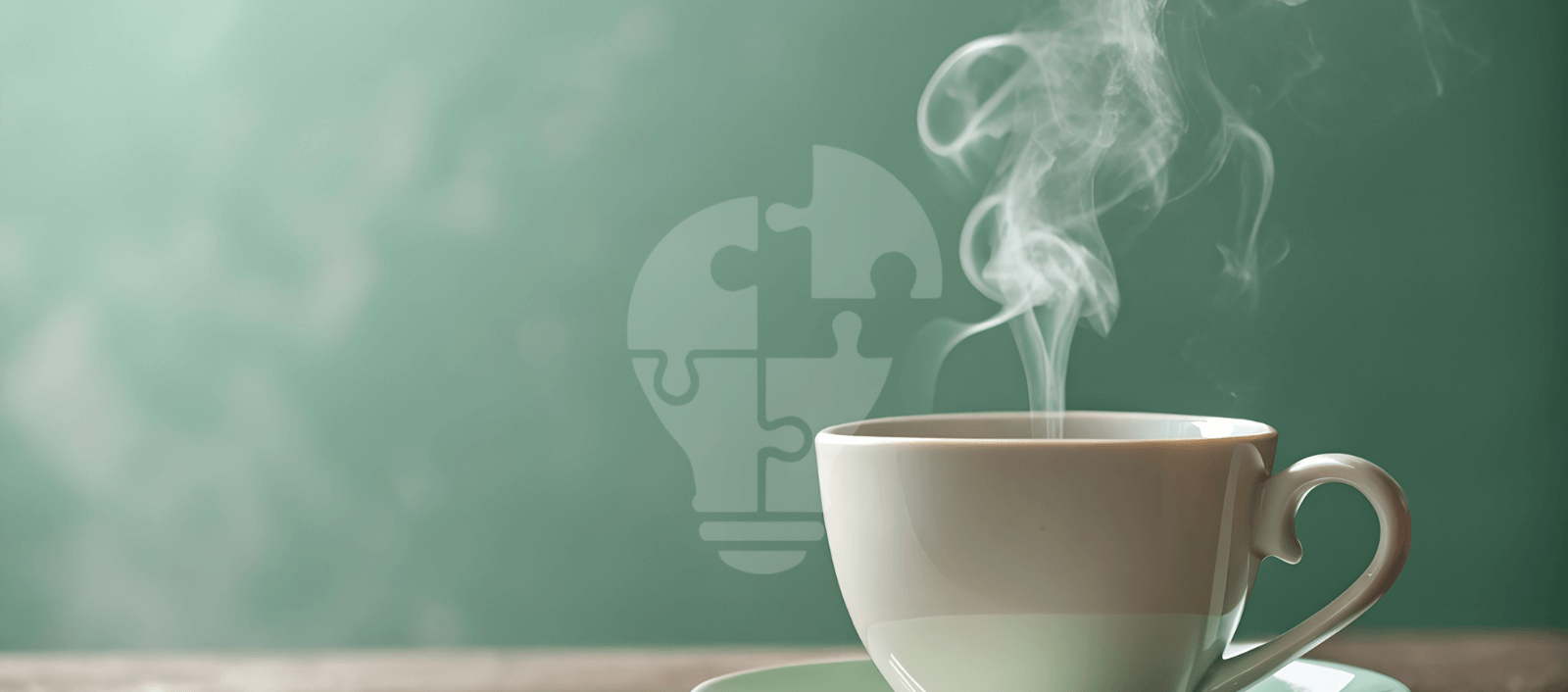A steaming white cup on a saucer, set against a soft green background, with a faint puzzle piece overlay symbolizing creativity.