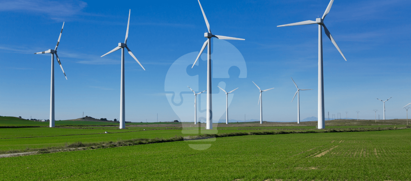 A row of tall wind turbines stands against a clear blue sky, surrounded by vibrant green fields, symbolizing renewable energy.
