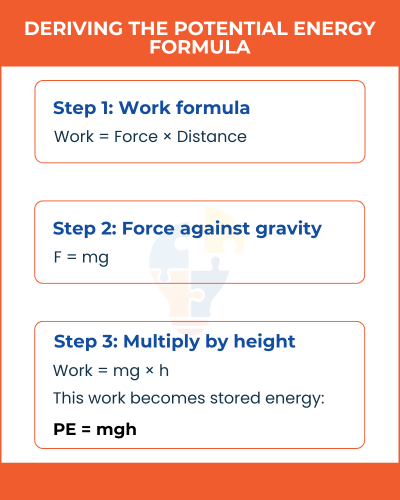 Infographic illustrating the steps to derive the potential energy formula: Work = Force x Distance, Force = mg, resulting in PE = mgh.